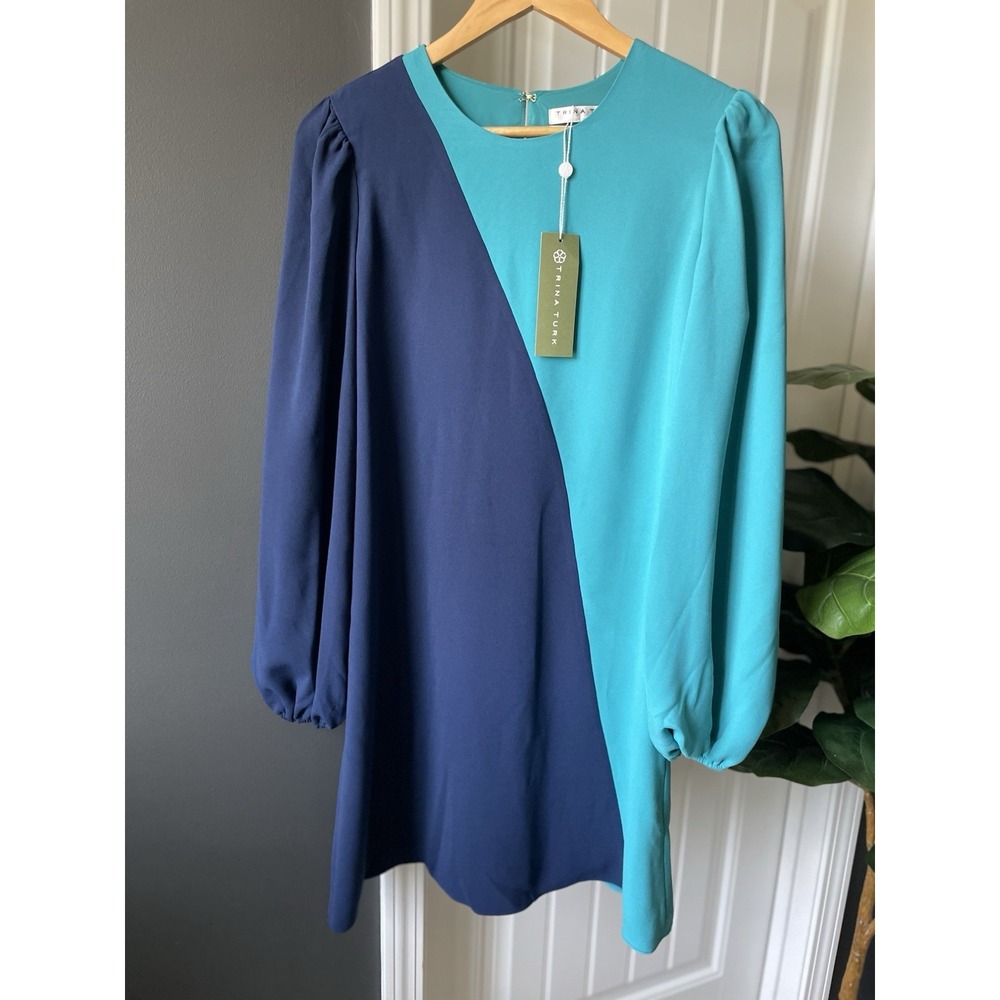 Trina Turk Echo Dress M Blue Green Colorblock Shift L/S Balloon Lined NWT $298